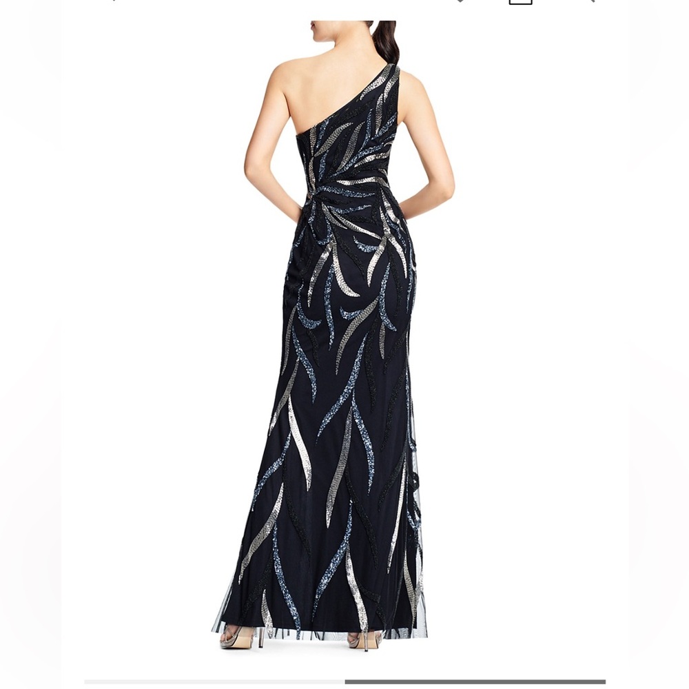 Aidan Mattox by Adrianna Papell. One-Shoulder black Evening Gown retails for$495